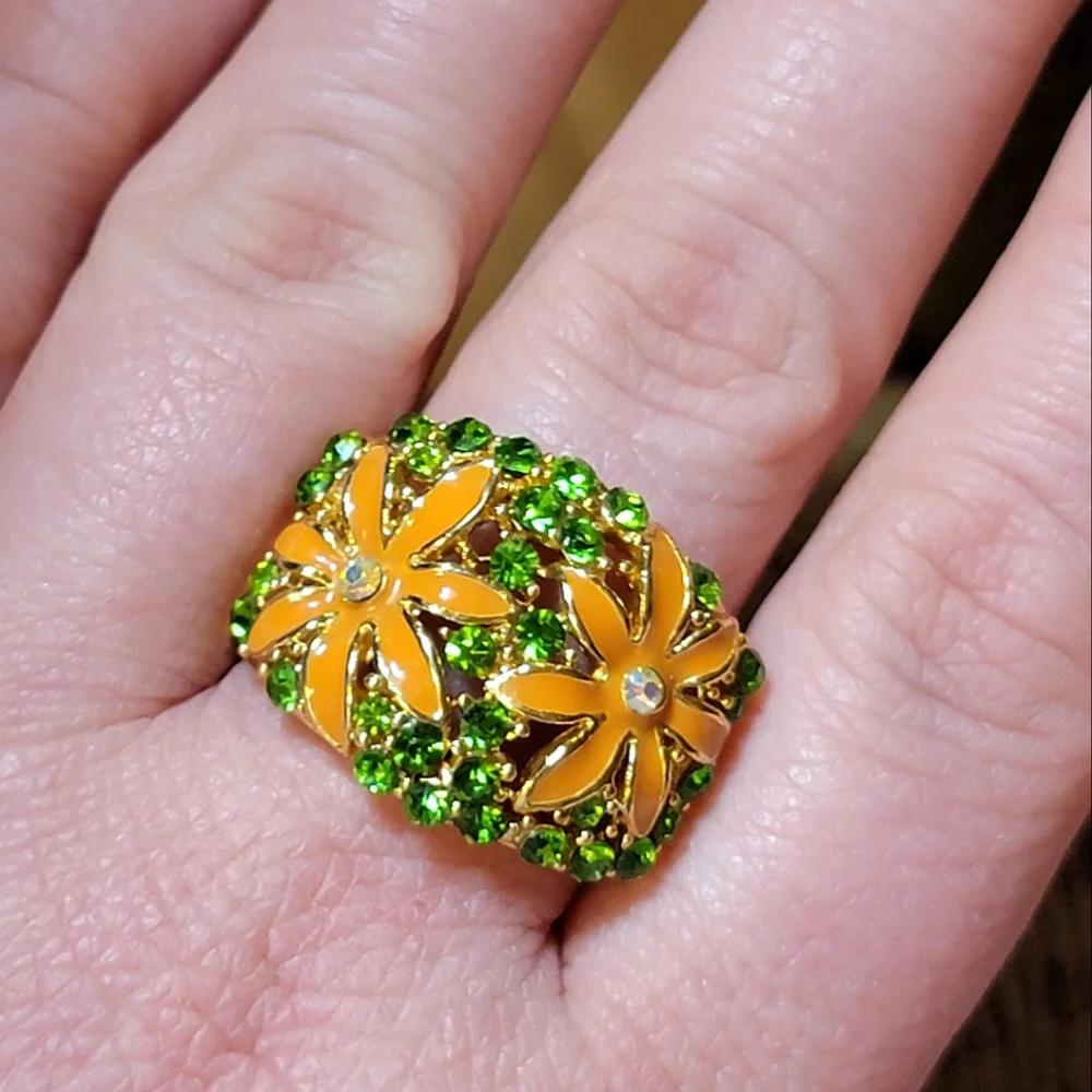 Vintage Wide Band Floral Rhinestone Ring Size 12 ½